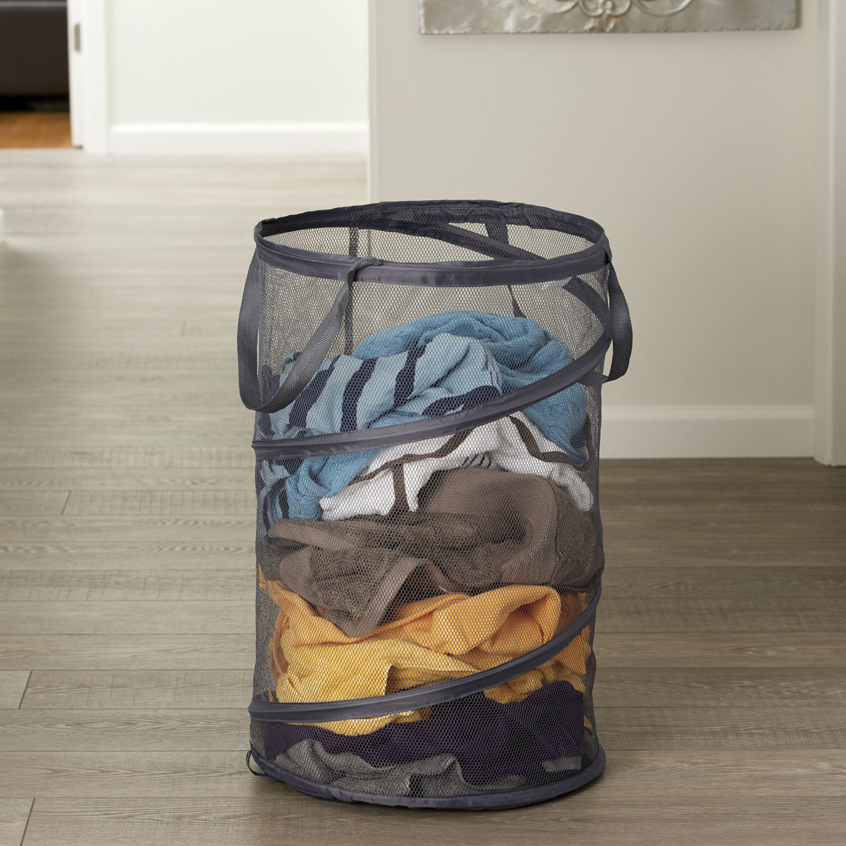 Pop-Up Mesh Laundry Hamper, Springform Steel Frame, Mesh Lining for Air Circulation, Large Capacity, Easy Set-Up, Compact Storage, Charcoal